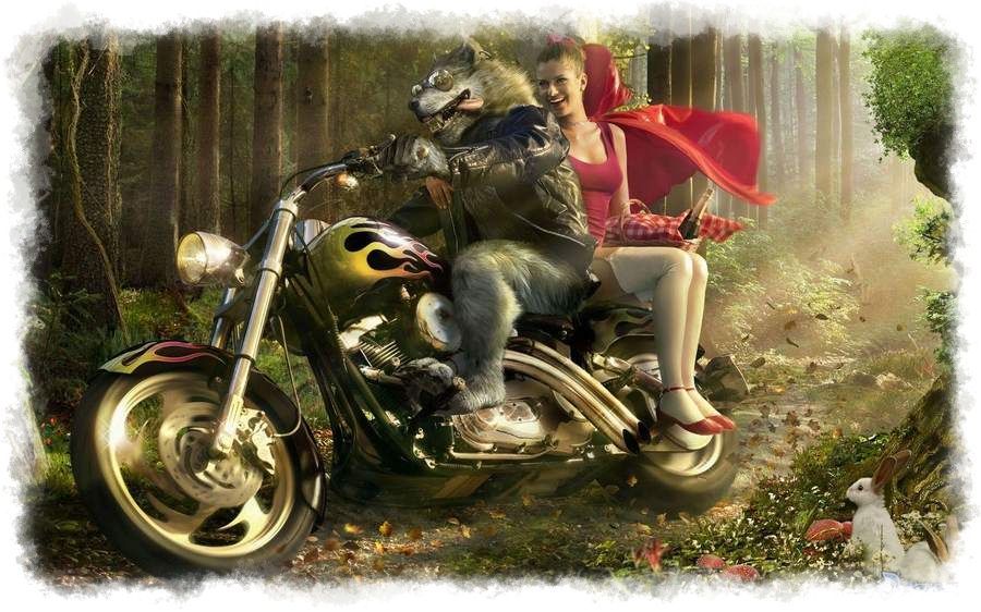 Caperucita en moto con el lobo